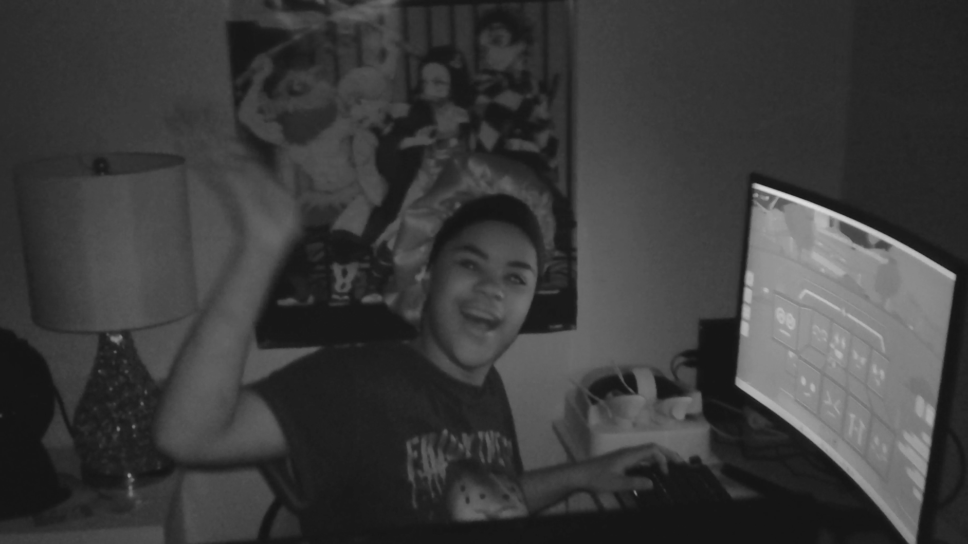 Woman waving Hi to the nightvision camera.